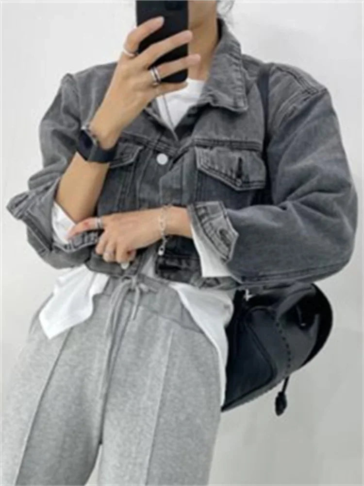 Syiwidii Denim Jacket for Women Loose Single Breasted Turn Down Collar Long Sleeve Casual Vintage Korean Crop Coat E134
