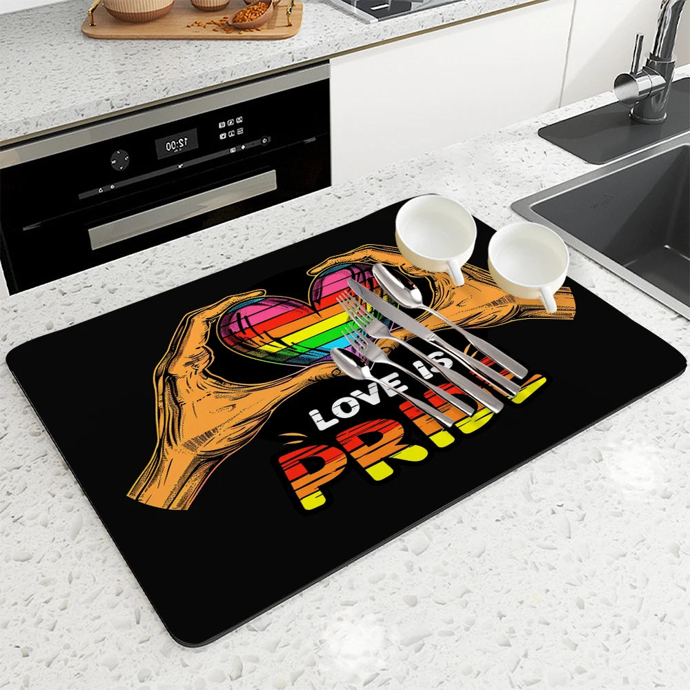 Large Kitchen Absorbent Mat Pride Month Love Antiskid Draining Coffee Dish Drying Mat Quick Bathroom Drain Pad Tableware Mat