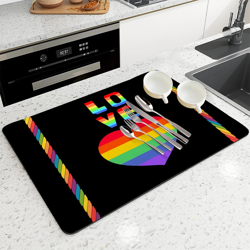 Antiskid Kitchen Absorbent Draining Mat Geometry Pride Love Super Draining Coffee Dish Drying Mat Quick Dry Bathroom Drain Pad