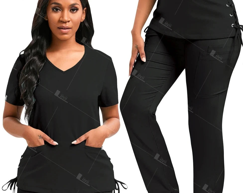 Nurse Surgical Uniform Woman Beauty Workwear Medical Scrub Set Stretch Clinical Scrubs Top+Jogging Pants Doctor Vet Nursing Suit