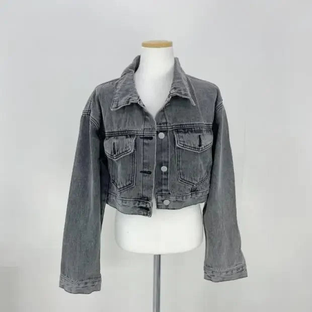 Syiwidii Denim Jacket for Women Loose Single Breasted Turn Down Collar Long Sleeve Casual Vintage Korean Crop Coat E134