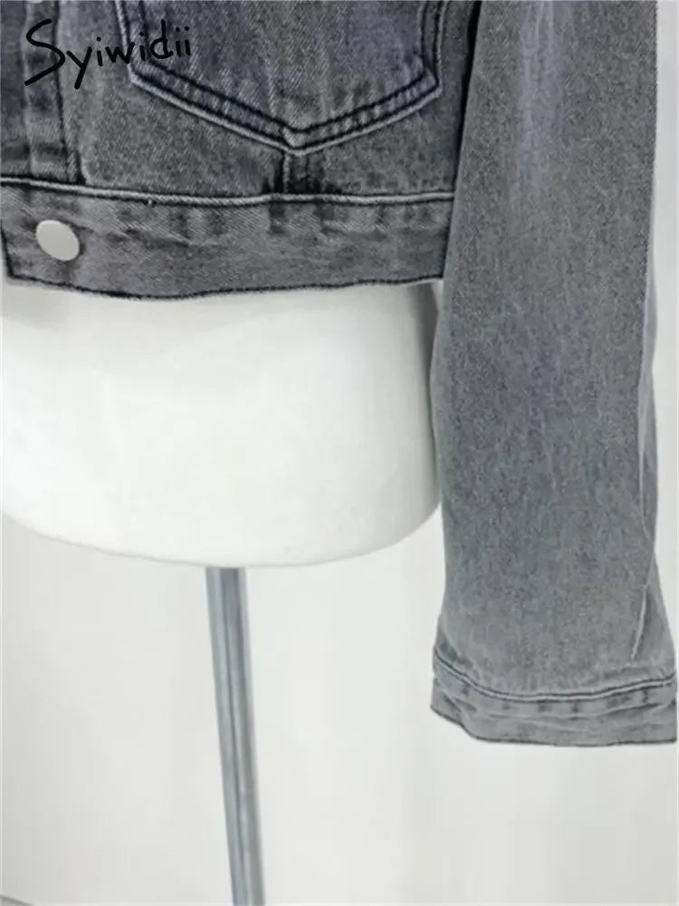 Syiwidii Denim Jacket for Women Loose Single Breasted Turn Down Collar Long Sleeve Casual Vintage Korean Crop Coat E134