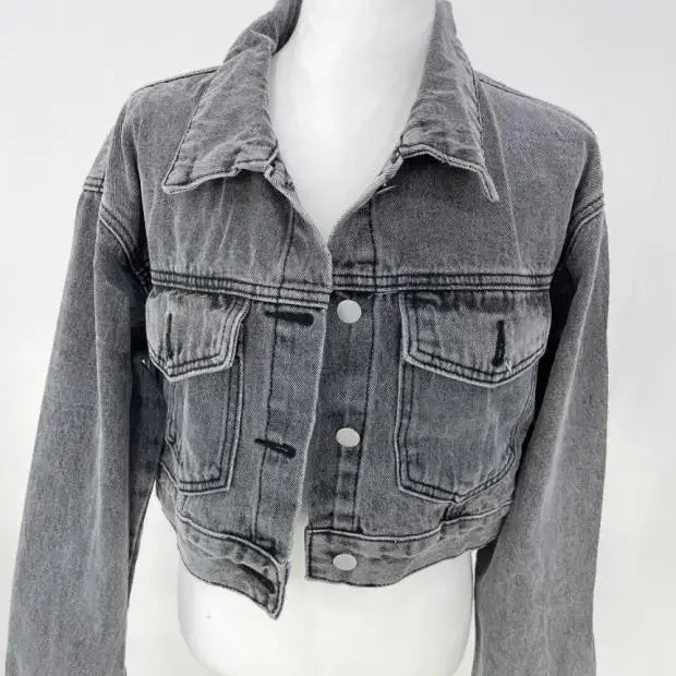 Syiwidii Denim Jacket for Women Loose Single Breasted Turn Down Collar Long Sleeve Casual Vintage Korean Crop Coat E134