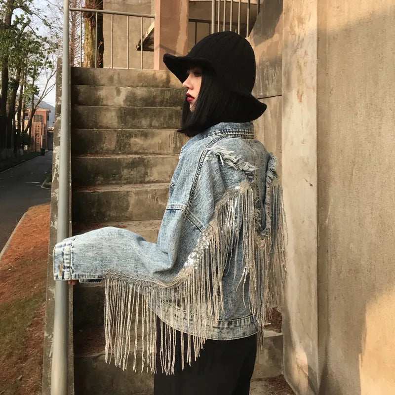 Women's Denim Jacket Coat Streetwear Female Denim Jacket Women Jean Jackets Outerwear Hot Fringed Rivet Denim Jacket Girl