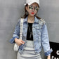 2020 fashion beaded Three-dimensional flowers denim jacket women turn down collar long sleeve Slim jeans jacket r513