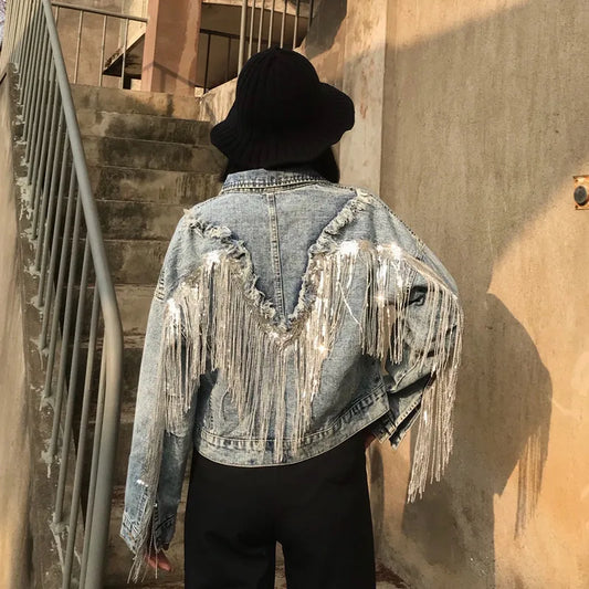 Women's Denim Jacket Coat Streetwear Female Denim Jacket Women Jean Jackets Outerwear Hot Fringed Rivet Denim Jacket Girl