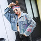 Autumn Fashion Letter Print Frayed Hole Jeans Jacket Heavy Work Beaded Fringe Women Loose Short Denim Jacket Casual Streetwear