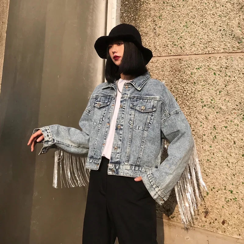 Women's Denim Jacket Sequins Fringed Loose Autumn 2021 New Female Plus Size Washed Light Blue Short Jean Jacket Chaqueta Mujer