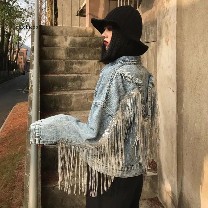 Jean Jacket Woman Fringed Sequined Denim Jacket 2021 Spring New Retro BF Loose Short Jeans Jacket Top Chaquetas Jackets