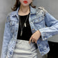 2020 fashion beaded Three-dimensional flowers denim jacket women turn down collar long sleeve Slim jeans jacket r513