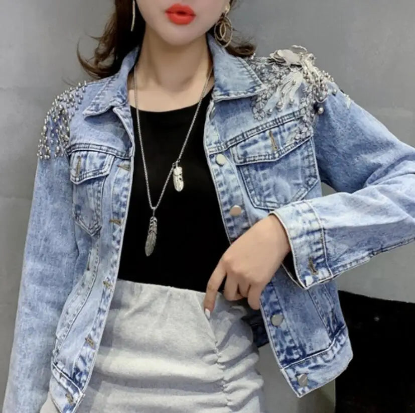 2020 fashion beaded Three-dimensional flowers denim jacket women turn down collar long sleeve Slim jeans jacket r513