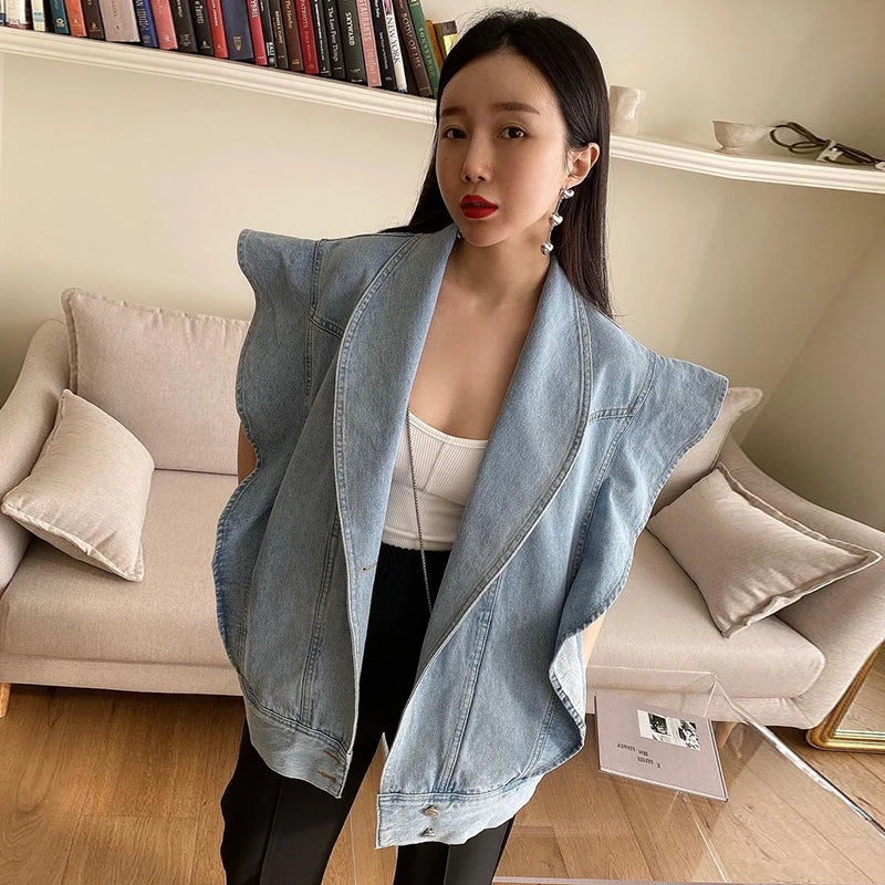 Chic Jacket Jeans Women Clothing Summer 2021 Butterfly Sleeveless Ruffle Denim Coat Female High Street Designer Fall Outwear