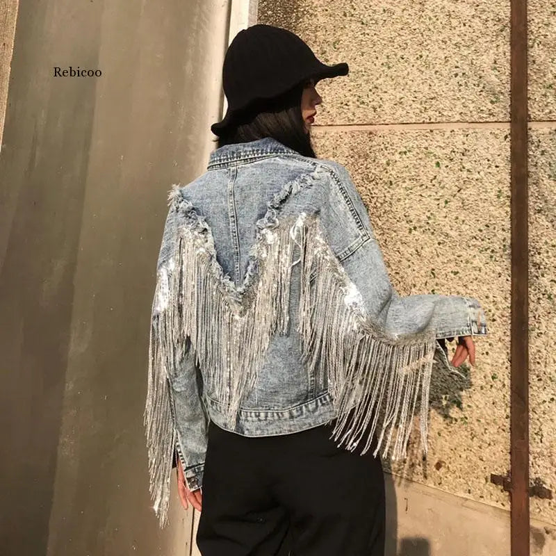 Jean Jacket Woman Fringed Sequined Denim Jacket 2021 Spring New Retro BF Loose Short Jeans Jacket Top Chaquetas Jackets