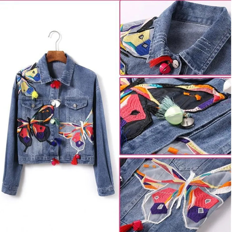 Embroidered Butterfly Denim Jacket Women Vintage Loose Jeans Outwear Personality Street Harajuku Casual Ladies Short Coat Tops