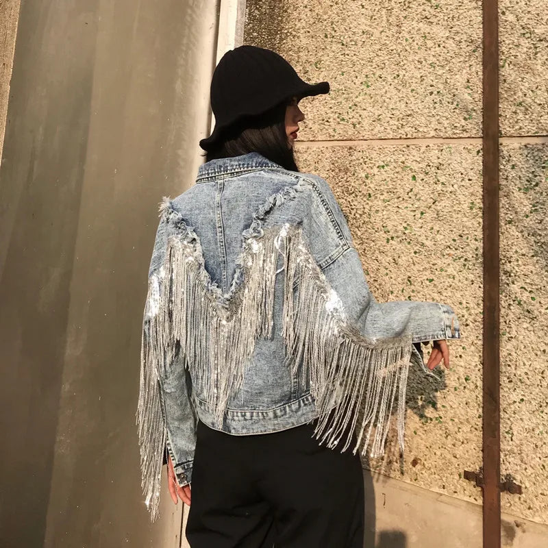 Women's Denim Jacket Sequins Fringed Loose Autumn 2021 New Female Plus Size Washed Light Blue Short Jean Jacket Chaqueta Mujer