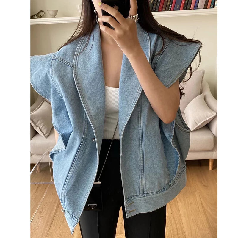 Chic Jacket Jeans Women Clothing Summer 2021 Butterfly Sleeveless Ruffle Denim Coat Female High Street Designer Fall Outwear