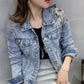 2020 fashion beaded Three-dimensional flowers denim jacket women turn down collar long sleeve Slim jeans jacket r513