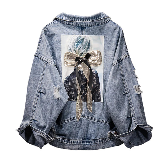 Women's Cotton Cowboy Coat 2022 Spring Autumn New Fashion Loose Denim Jacket Casual Printing Jeans Outerwear Top Female 5XL