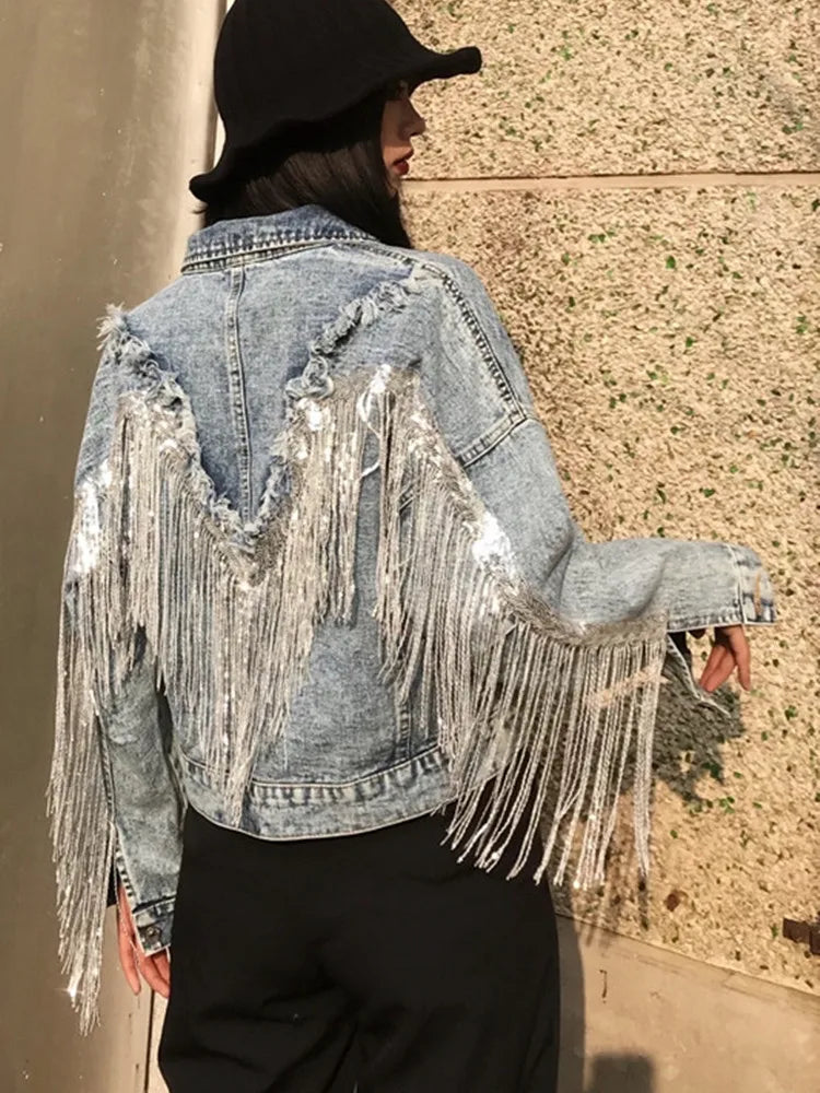 Women's Denim Jacket Coat Streetwear Female Denim Jacket Women Jean Jackets Outerwear Hot Fringed Rivet Denim Jacket Girl