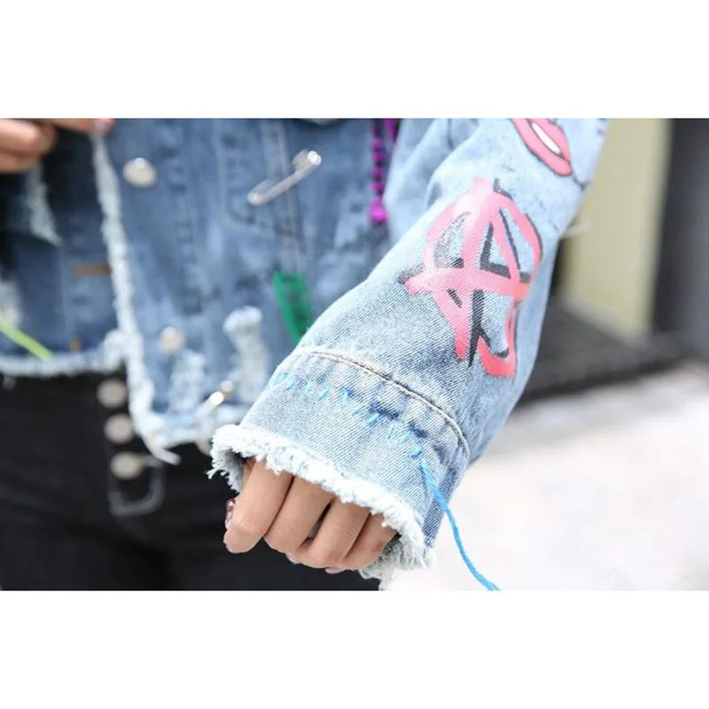 Autumn Fashion Letter Print Frayed Hole Jeans Jacket Heavy Work Beaded Fringe Women Loose Short Denim Jacket Casual Streetwear