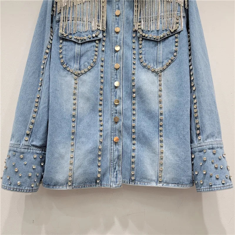 Spring Women Diamonds Beaded Tassels Denim Jacket Rivets Fringed Chain Jean Coat Rhinestone Bomber Cardigan Crystal Outwear Tops