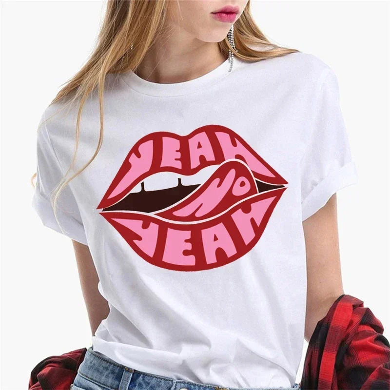 Summer Female Soft T-shirt Women Tshirt Sexy Kiss Lip Lips Saying Funny Black Tee Graphic T Shirt Short Sleeve Crewneck T-shirts