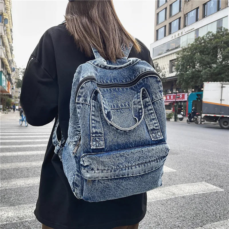 Denim Backpack For Women And Men Casual Large Capacity Laptop Bagpack College Student School Bags Book Fashion Blue Travel bolsa