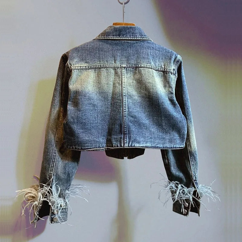 Spring Autumn Women High Waist Short Denim Jacket Irregular Hem Zipper Lapel Long Sleeve Feather Decoration Jeans Jacket Coat