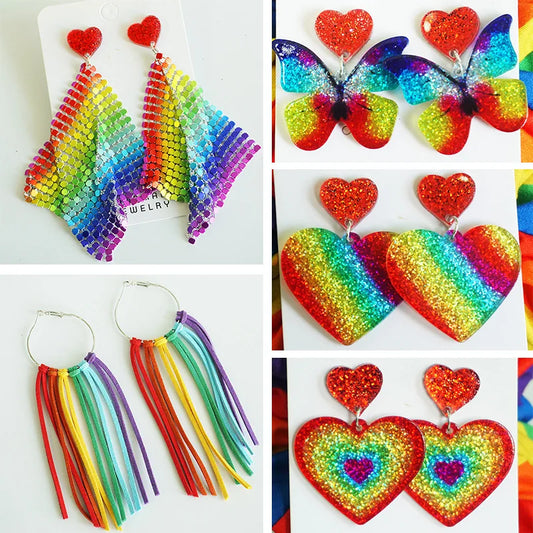 New Rainbow Pride Month Earrings LGBT Festival Parade Shining Heart-shaped Love Acrylic Colorful Tassel Earrings