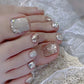 24Pcs Simple French False Toe Nails with Rhinestone Wearable Glitter Toe Fake Nails Shiny Powder Press on Nails Full Nail Tips