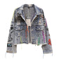 2024 Spring Autumn New Women Street Fashion Graffiti Denim Jacket Female Personality Short Raw Cut Rivet Jacket Fringe Jean Coat