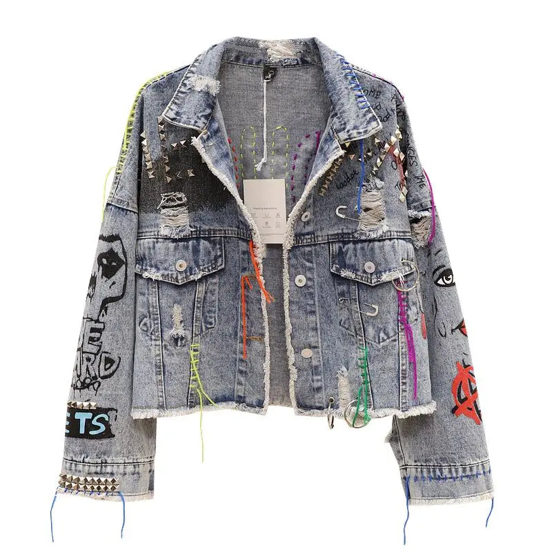 2024 Spring Autumn New Women Street Fashion Graffiti Denim Jacket Female Personality Short Raw Cut Rivet Jacket Fringe Jean Coat