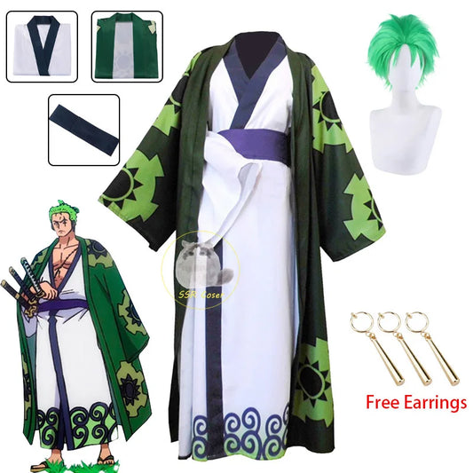 Anime Roronoa Zoro Cosplay Costume Wano Kuni Country Kimono Robe Zoro Wig Earrings Outfits Halloween Carnival Costume for Men