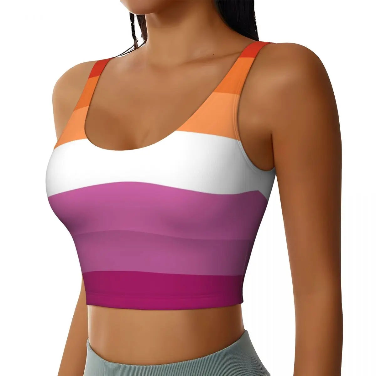 Custom Orange Magenta Lines Lesbian Pride Flag Workout Crop Tank Tops for Women LGBT Gay Pride Running Sports Bras