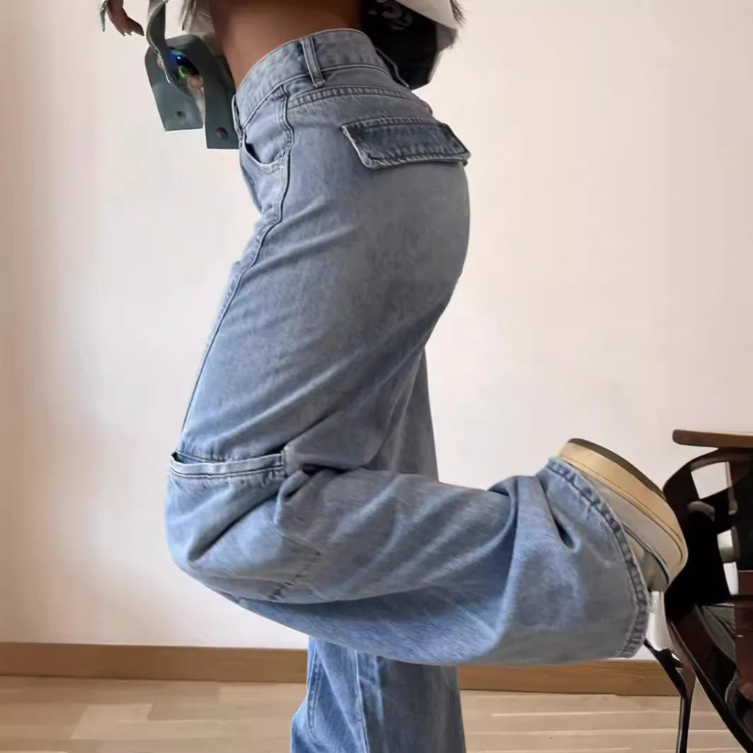 Spliced Wide Leg Denim Pants High Waist Jeans Women Ankle Length Jean Washed Loose Fit Pockets Zipper Fly Basics Solid 2024