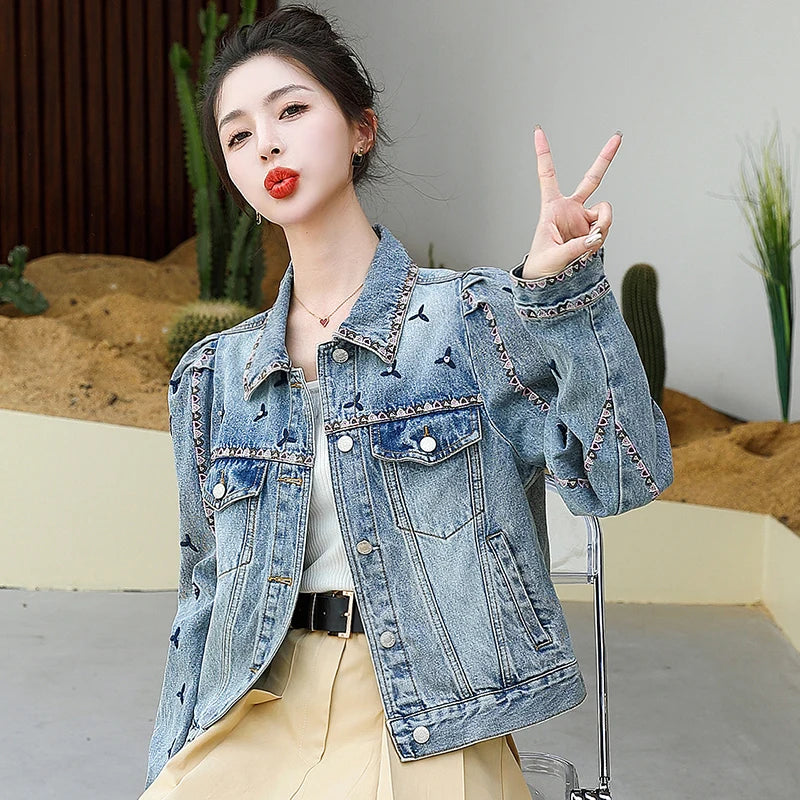 2023 Autumn Blue Flower Embroidery Denim Jacket Women Vintage Fashion Sweet Bubble Long Sleeve Jean Coat Ladies Outerwear Tops