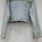 Heavy Work Beading Diamonds Denim Jacket Women Loose Short Cowboy Outerwear Vintage Blue Frayed Big Pocket Jeans Jacket Female