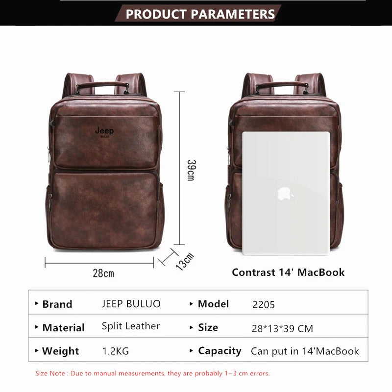 JEEP BULUO New Casual Daypacks 14 inches Laptop Large Capacity Backpack Outdoor Travel Men's Bag Split Leather Bags For Man