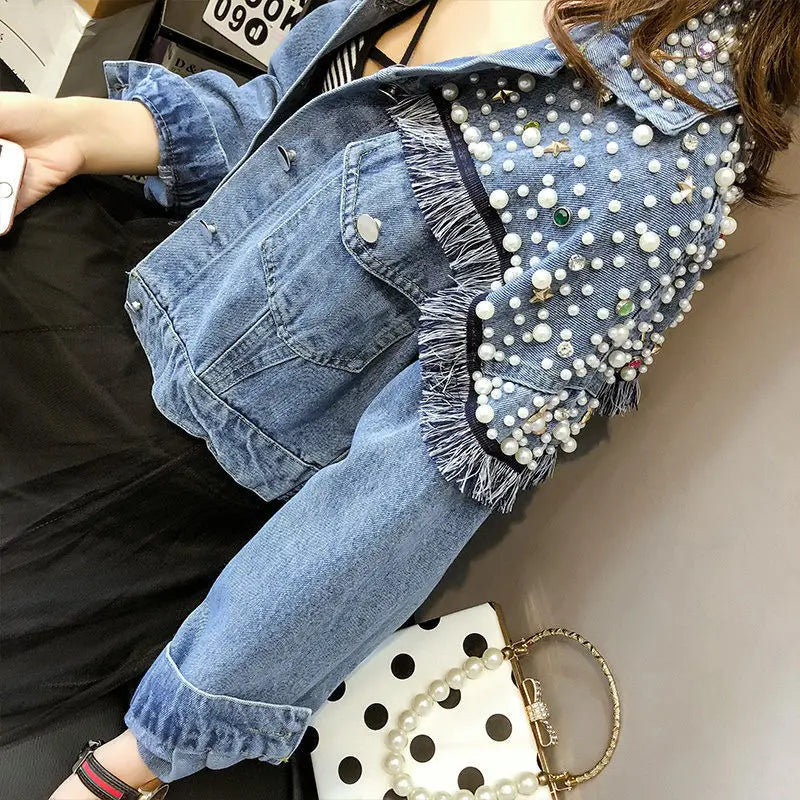 Chic Beaded Diamonds Blue Jean Jacket Fringed Loose Single-breasted Pearls Bomber Coat Long-sleeved Cardigan Streetwear Tops