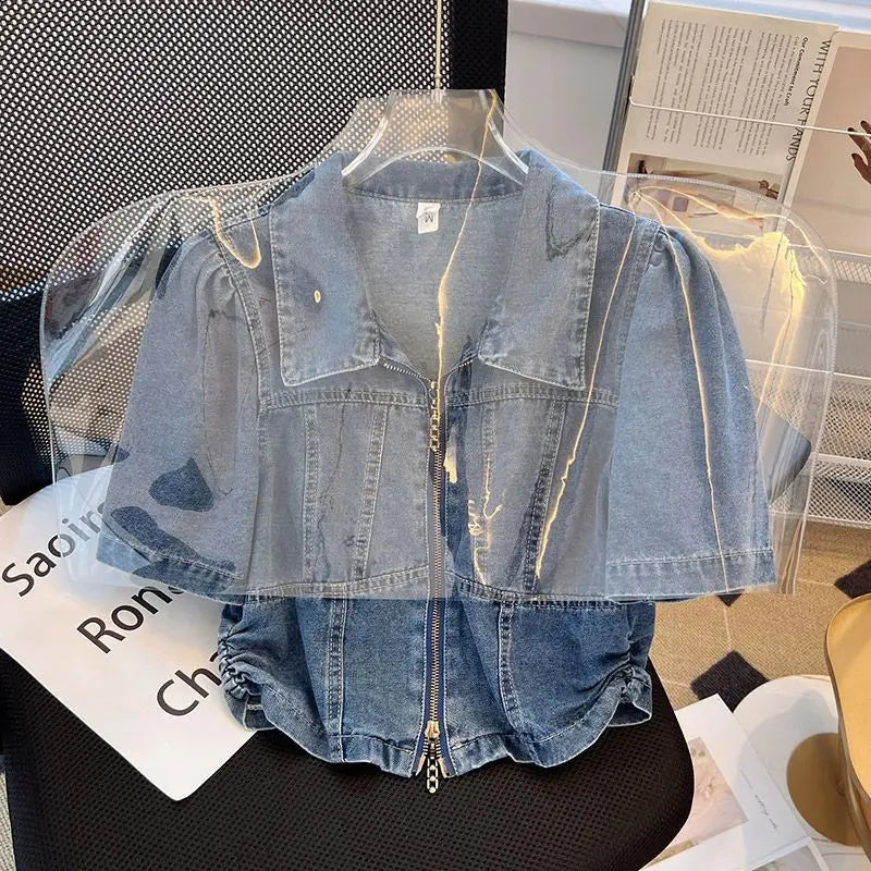 Short Sleeved Denim Jacket for Women Summer Thin Fashion Zip Turndown Collar Casual Shirt 2024 New Puff Sleeve Loose Jeans Tops