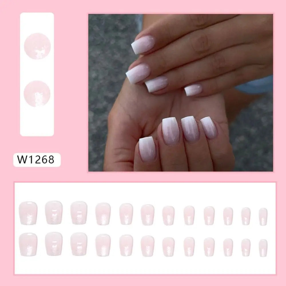 24pcs Short Ballerina Fake Nails French Star Pink Flowers Glitter False Nails Full Cover Press on Nails DIY Detachable Nail Tips