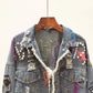 2024 Spring Autumn New Women Street Fashion Graffiti Denim Jacket Female Personality Short Raw Cut Rivet Jacket Fringe Jean Coat