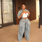fashion retro women's casual wide leg loose heavy duty denim two-piece set for women two piece set women sexy club  zevity
