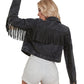 Fitaylor New Women Cropped Denim Jacket Long Sleeve Distressed Fringe Jean Coat