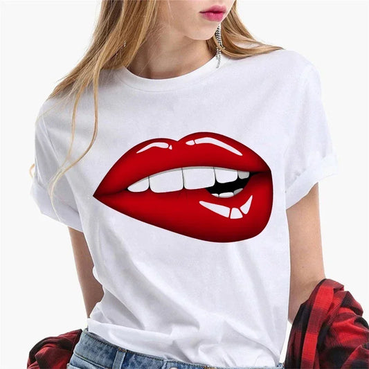 Summer Female Soft T-shirt Women Tshirt Sexy Kiss Lip Lips Saying Funny Black Tee Graphic T Shirt Short Sleeve Crewneck T-shirts