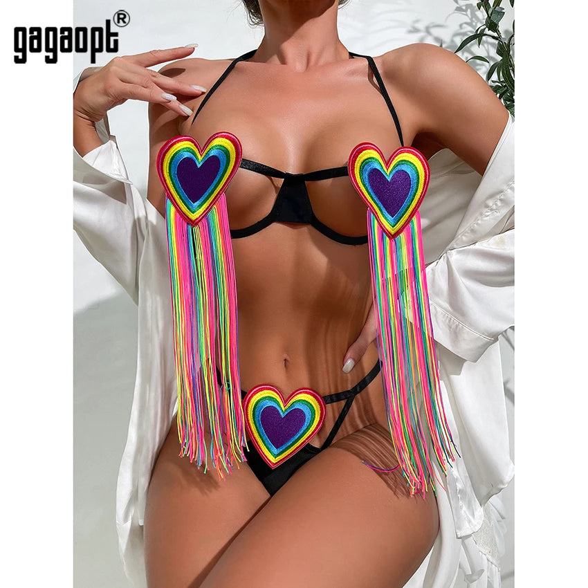 GagaoptColorful Rainbow Flag Bikini Swimsuit Push Up Gay Pride LGBT Modern Print Bondeau Bikinis Set Swimwear Women Bathing Suit