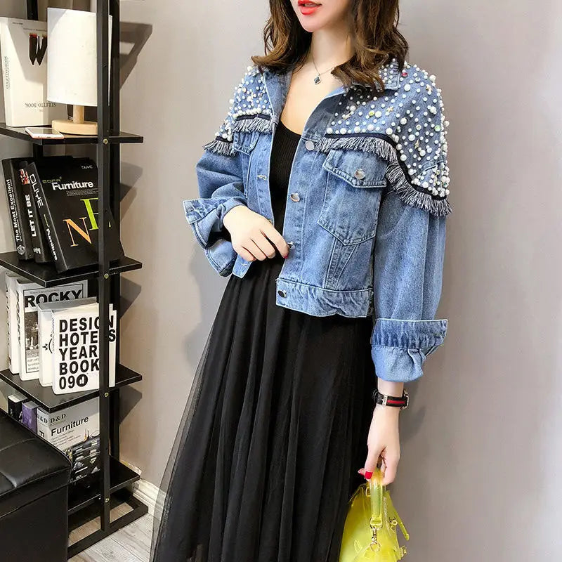 Chic Beaded Diamonds Blue Jean Jacket Fringed Loose Single-breasted Pearls Bomber Coat Long-sleeved Cardigan Streetwear Tops