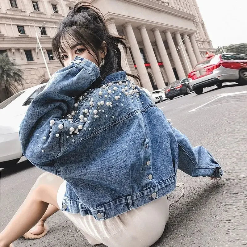 Patchwork Graphic Blue with Print Crop Woman Jean Coat Spring Autumn Short Outerwear Fringe Small Denim Jacket for Women Luxury