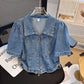 Short Sleeved Denim Jacket for Women Summer Thin Fashion Zip Turndown Collar Casual Shirt 2024 New Puff Sleeve Loose Jeans Tops