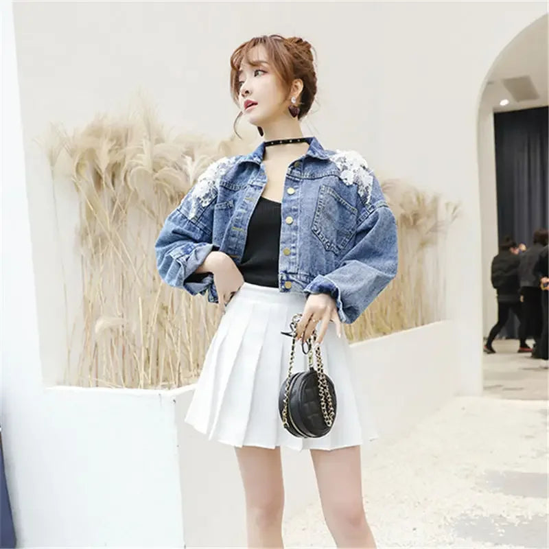 Patchwork Graphic Blue with Print Crop Woman Jean Coat Spring Autumn Short Outerwear Fringe Small Denim Jacket for Women Luxury